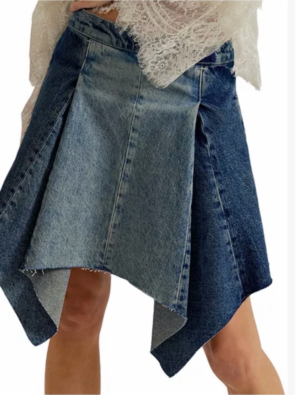 We The Free Two-Tone Denim Asymmetrical Frayed Skirt - Blue